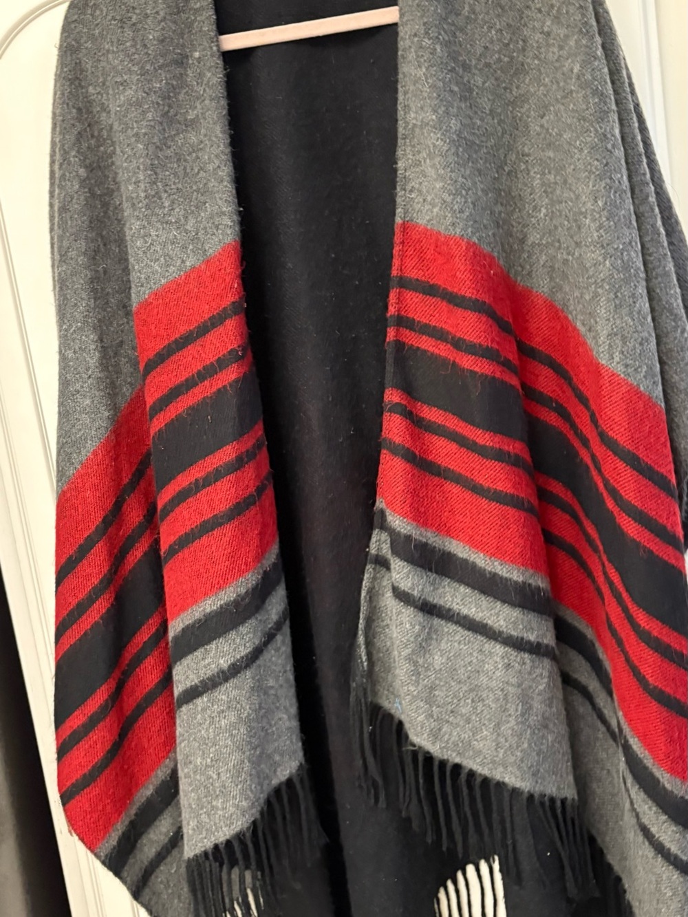 Gray and Red Striped Women's Open Front Sweater Wrap